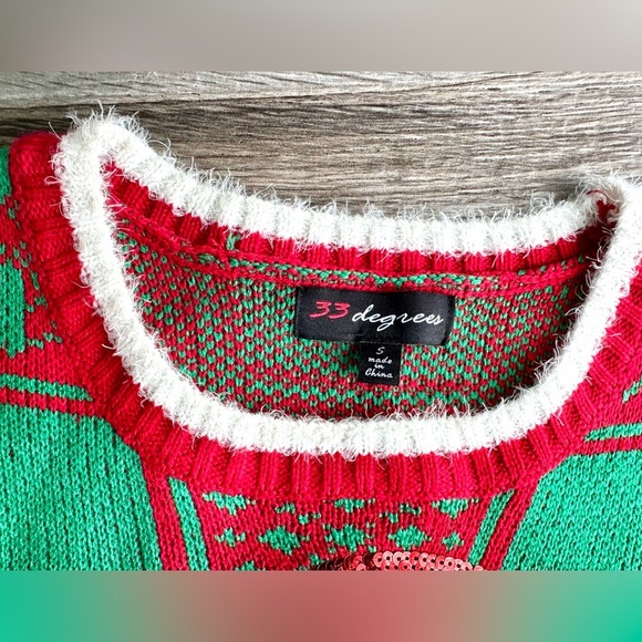 Pug Puppy Dog Christmas Holiday Sweater Crewneck Pullover Green Red Sequins Sz S - Picture 2 of 10